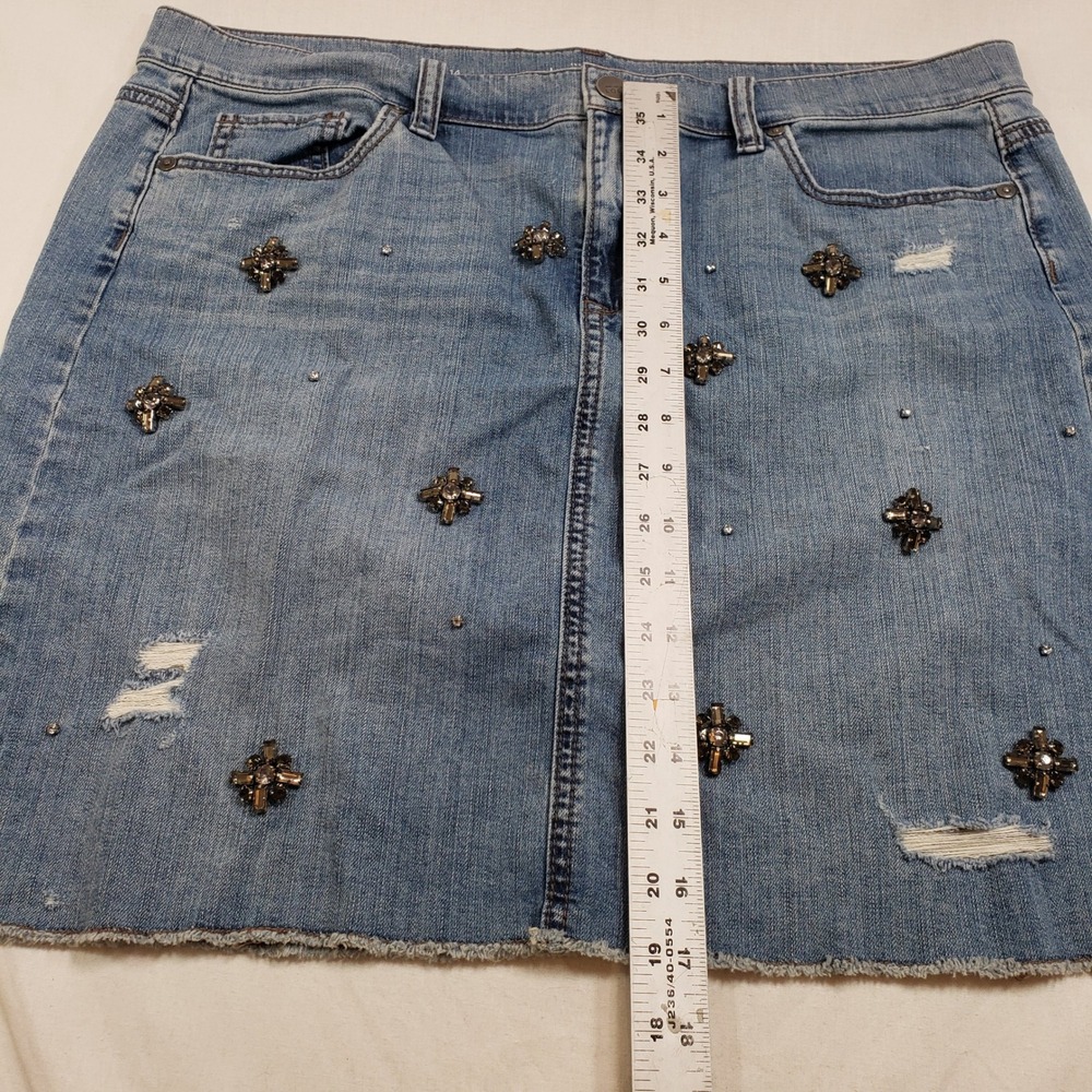 LOFT Womens Embellished Distressed Denim Mini Skirt 14 Blue Rhinestone - Picture 7 of 9